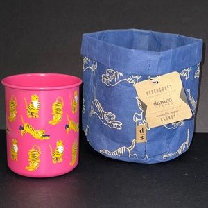 “Fierce” tiger design paper “basket” & metal pencil cup-basket folds flat-NWT